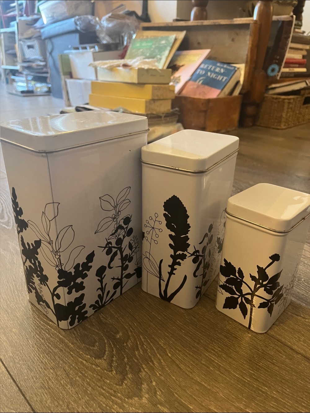 Set of 3 White and Black Tin Nesting Canisters from IKEA